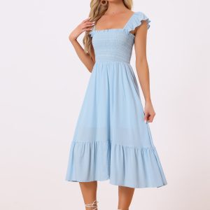 Boho Square Neck Ruffle Tiered Flowy Smocked Midi Dress Sundress Light Blue/M - Allegra K catalog