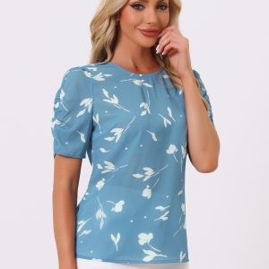Floral Crew Neck Ruched Sleeve Casual Blouse Blue Floral/L - Allegra K catalog