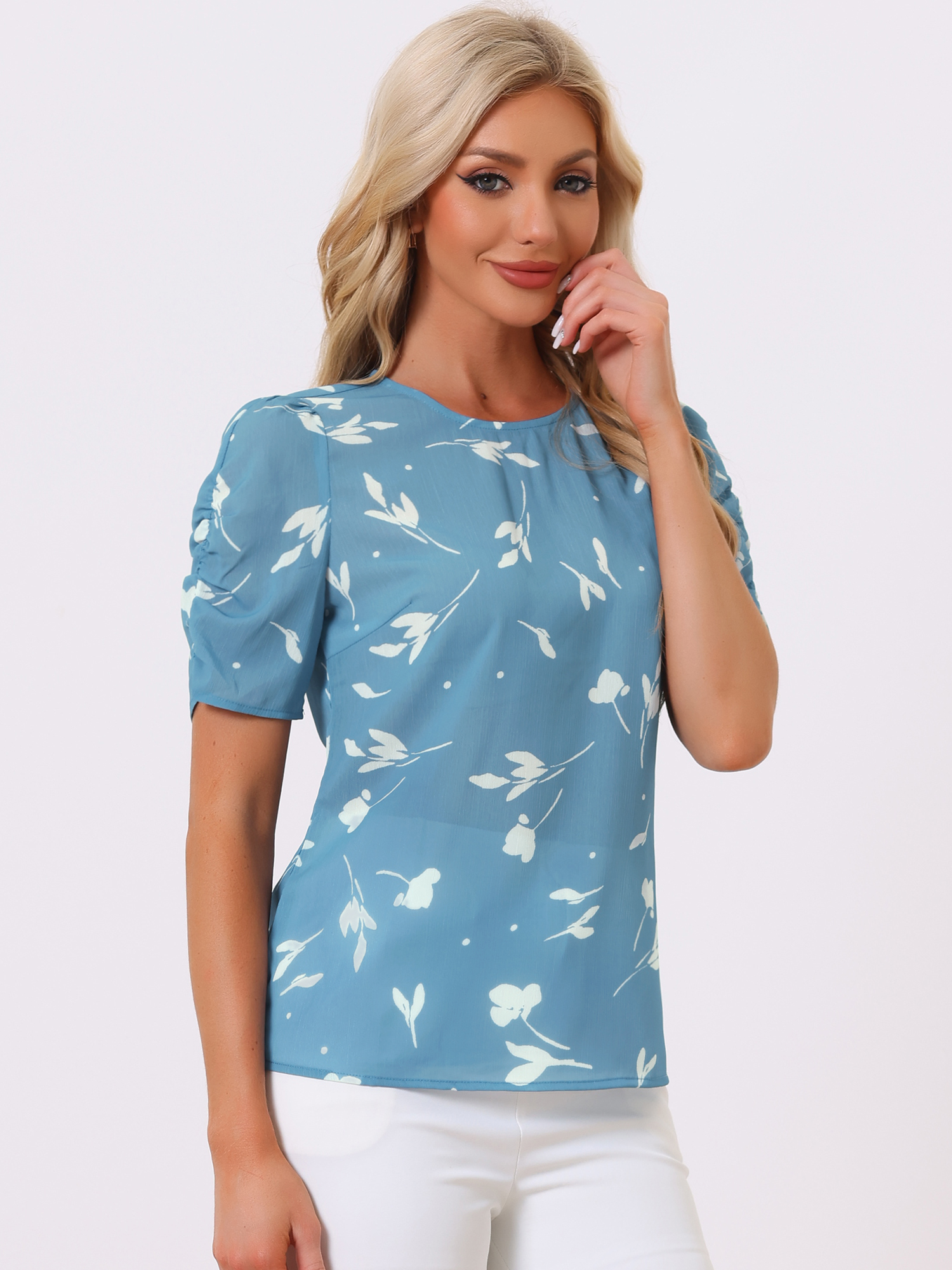 Floral Crew Neck Ruched Sleeve Casual Blouse Blue Floral/L - Allegra K catalog