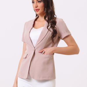 1 Button Office Business Short Sleeve Blazer Jacket Pink/L - Allegra K catalog