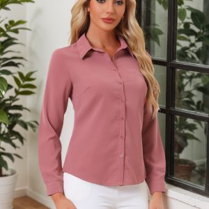 Contrast Collar Shirt Chiffon Long Sleeve Work Office Blouse Dark Rose Pink/XL - Allegra K catalog