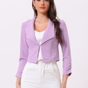 Notched Lapel Ruched Sleeve Business Cropped Jacket Blazer Light Purple/XS - Allegra K catalog