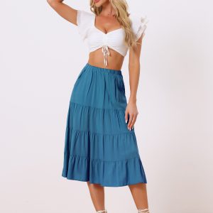 Midi Solid Elastic Waist Flare Tiered Long Pockets A-Line Skirt Lake Blue/L - Allegra K catalog