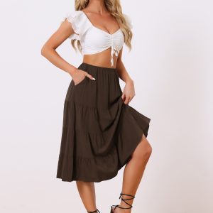 Midi Solid Elastic Waist Flare Tiered Long Pockets A-Line Skirt Brown/XS - Allegra K catalog
