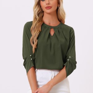 Office Keyhole Pleated Front Ruched 3/4 Sleeve Chiffon Blouse Army Green/XS - Allegra K catalog