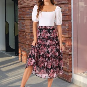 Chiffon Floral Printed Long Tiered Ruffle Boho Midi Skirt Black Pinks/XL - Allegra K catalog