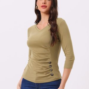 3/4 Sleeve Solid Knitted Button Decor Ruched Blouse Tan/L - Allegra K catalog