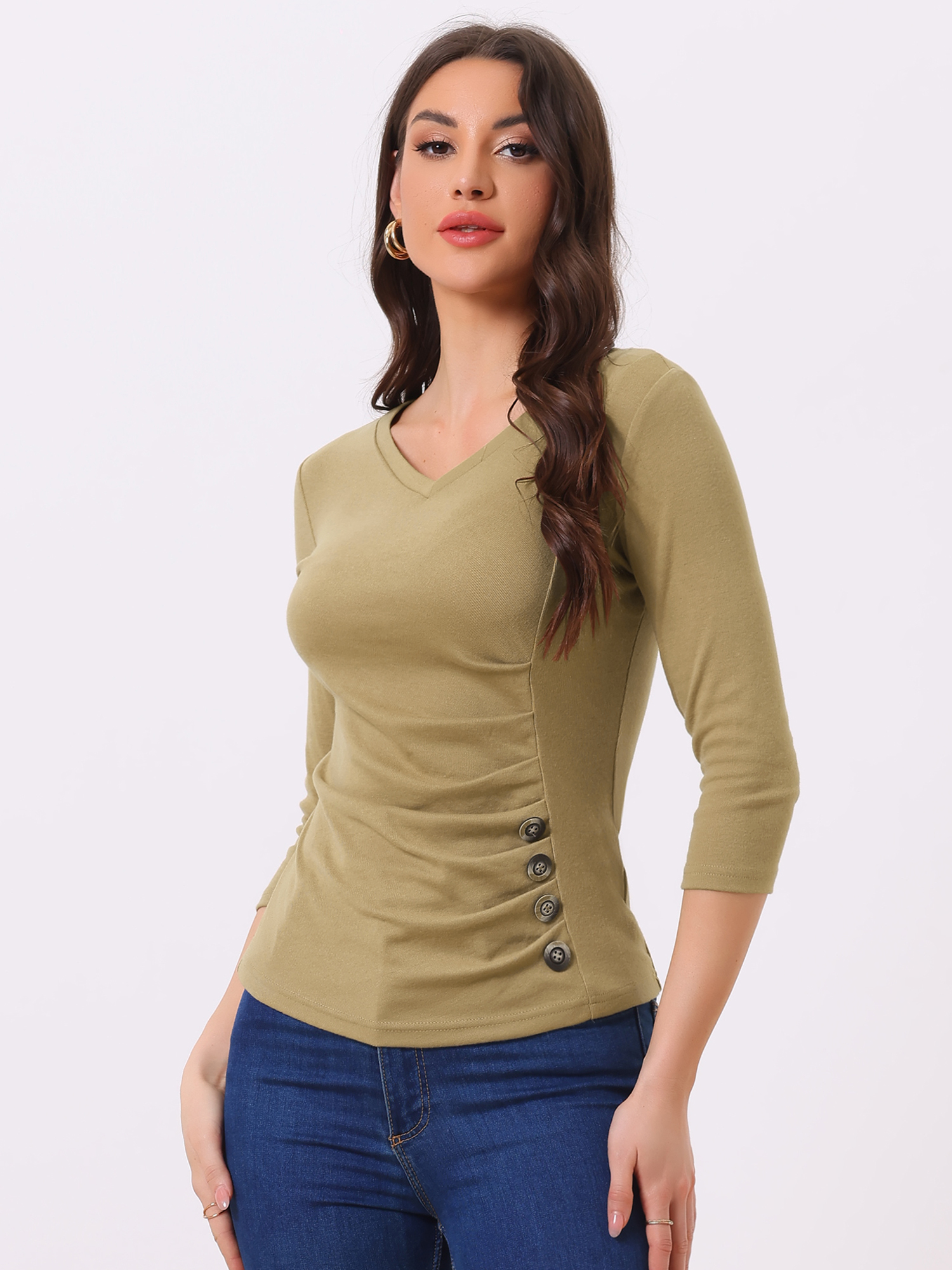 3/4 Sleeve Solid Knitted Button Decor Ruched Blouse Tan/L - Allegra K catalog