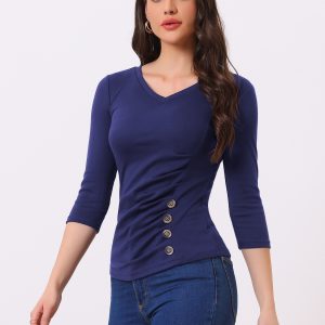 V Neck 3/4 Sleeves Solid Knitted Button Decor Ruched Blouse Navy Blue/L - Allegra K catalog