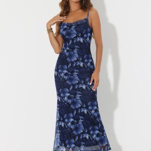 Spaghetti Strap Mesh Floral Sleeveless Bodycon Cocktail Maxi Dress Sundress Black Blue/L - Allegra K catalog