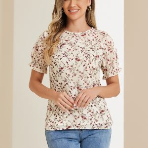 Chiffon Short Sleeve Ruffled Trim Floral Blouse Top White Red/L - Allegra K catalog