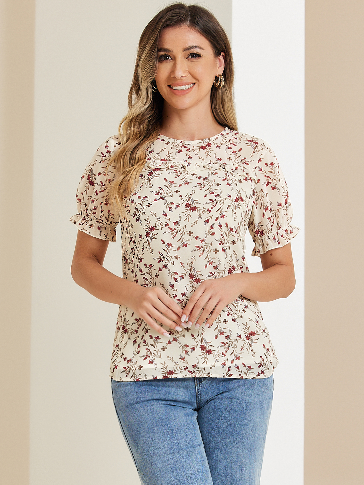 Chiffon Short Sleeve Ruffled Trim Floral Blouse Top White Red/L - Allegra K catalog