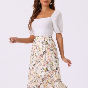 Floral Ruffle Elastic High Waist Button Flowy Split Midi Skirt White/S - Allegra K catalog