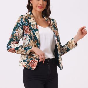Open Front Notch Lapel Floral Business Casual Suit Blazer Dark Green-Floral/M - Allegra K catalog