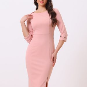 Elegant Boat Neck 3/4 Sleeves Work Midi Split Sheath Dress Pink/L - Allegra K catalog