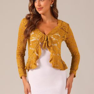 Floral Lace Shrug Tie Front Ruffled Hem Sheer Crop Bolero Yellow/S - Allegra K catalog