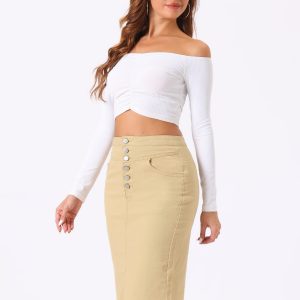 Denim Pencil Button High Waist Split Hem Casual Midi Jean Skirts Light Khaki/M - Allegra K catalog