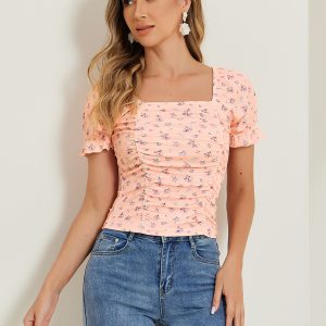 Smocked Crop Top Slim Fit Peasant Floral Blouse Orange Pink/L - Allegra K catalog