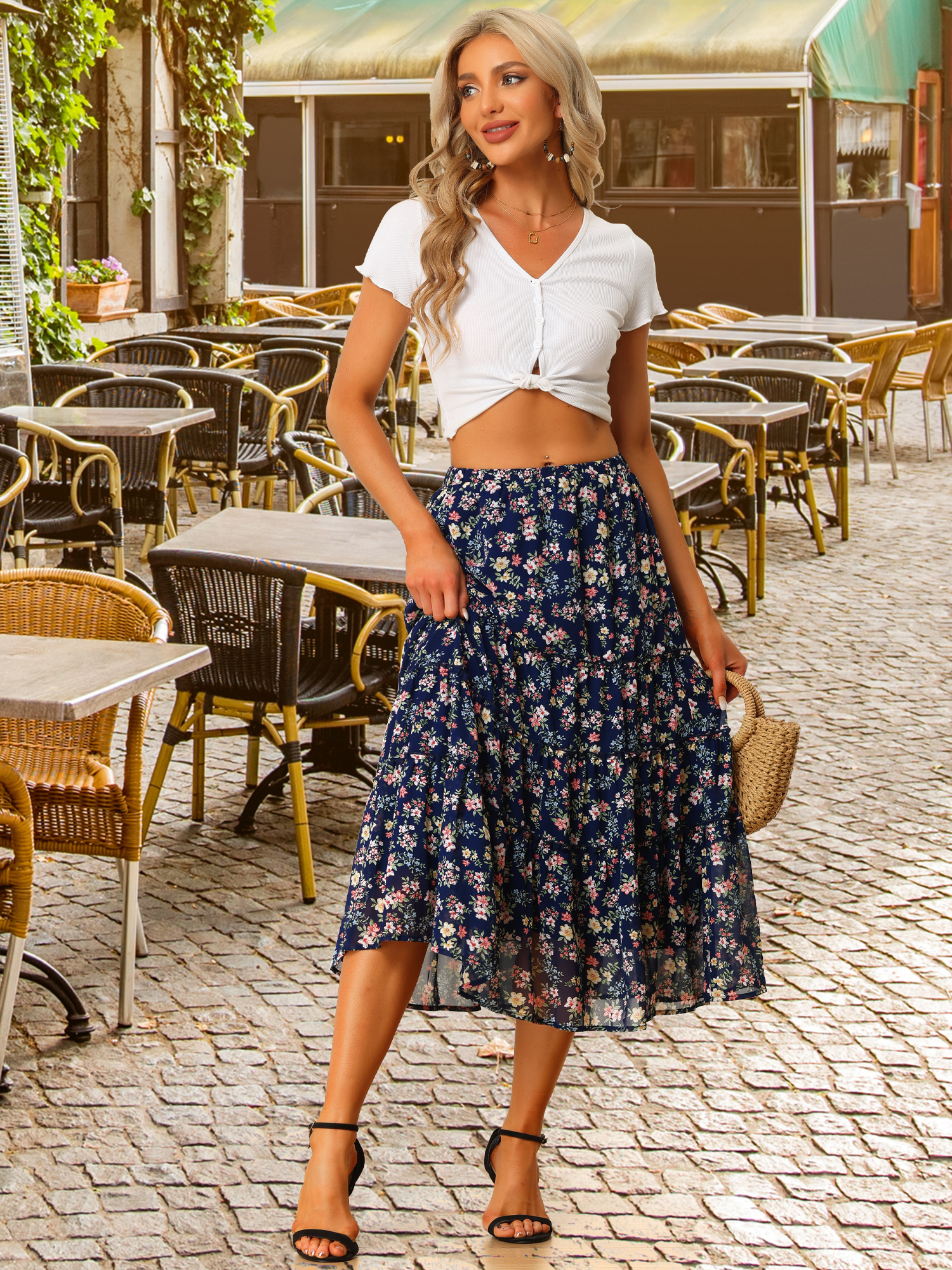 Ruffle Boho Chiffon Floral Printed Long Tiered Midi Skirt Navy Blue/2XL - Allegra K catalog