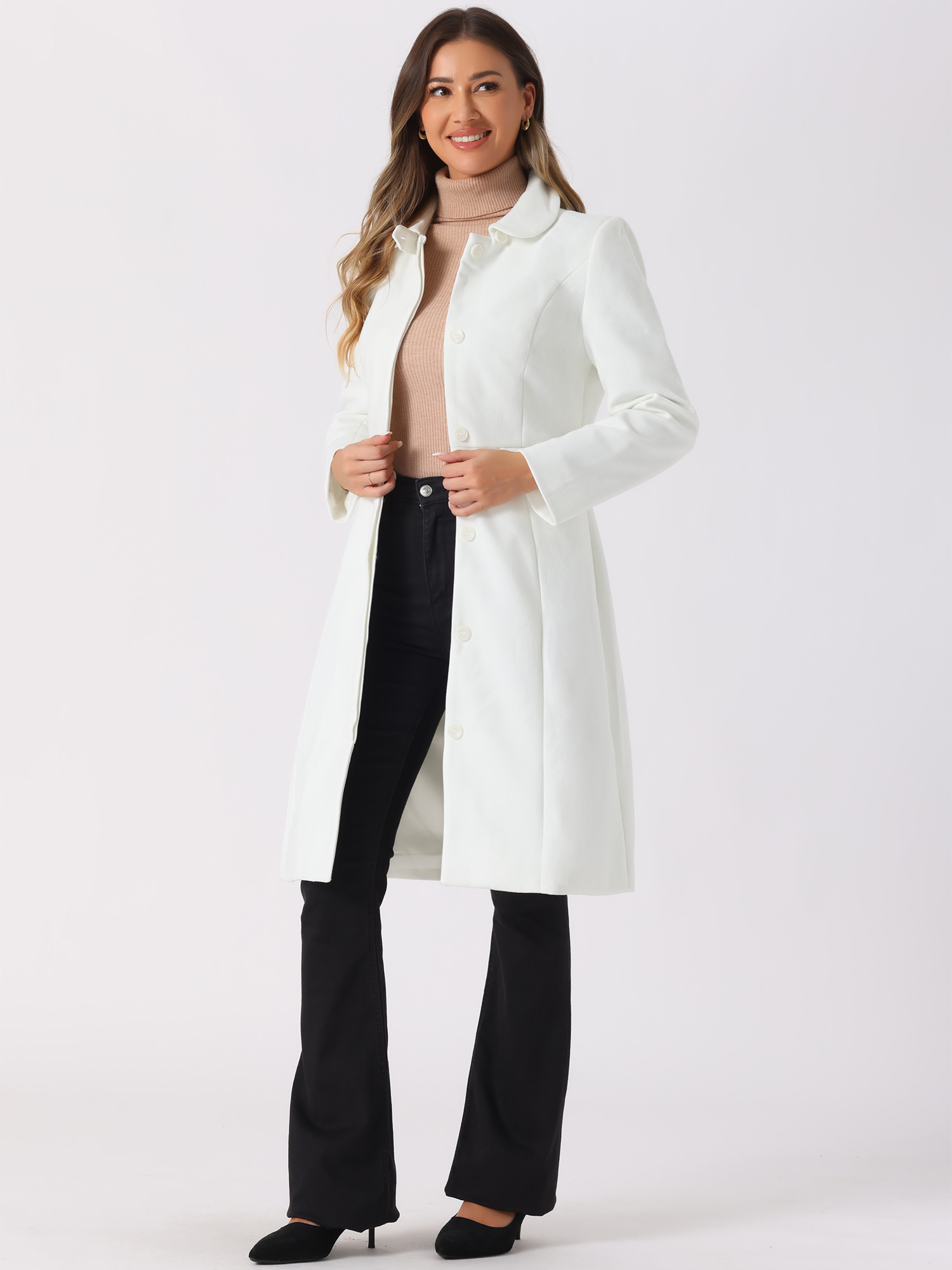 Peter Pan Collar Button Down Long Sleeve Pockets Long Winter Coat Cream White/L - Allegra K catalog