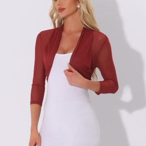 Semi Sheer Mesh Elegant 3/4 Sleeve Stretchy Cropped Bolero Shrugs Deep Red/L - Allegra K catalog