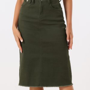 Casual High Waist Back Slit Stretch Denim Midi Skirt Army Green/3XL - Allegra K catalog