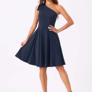 Bow One Shoulder Sleeveless Pockets A-Line Midi Dress Dark Blue/S - Allegra K catalog