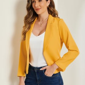 Notched Lapel Long Sleeves Solid Color Open Front Cropped Blazer Dark Yellow/S - Allegra K catalog