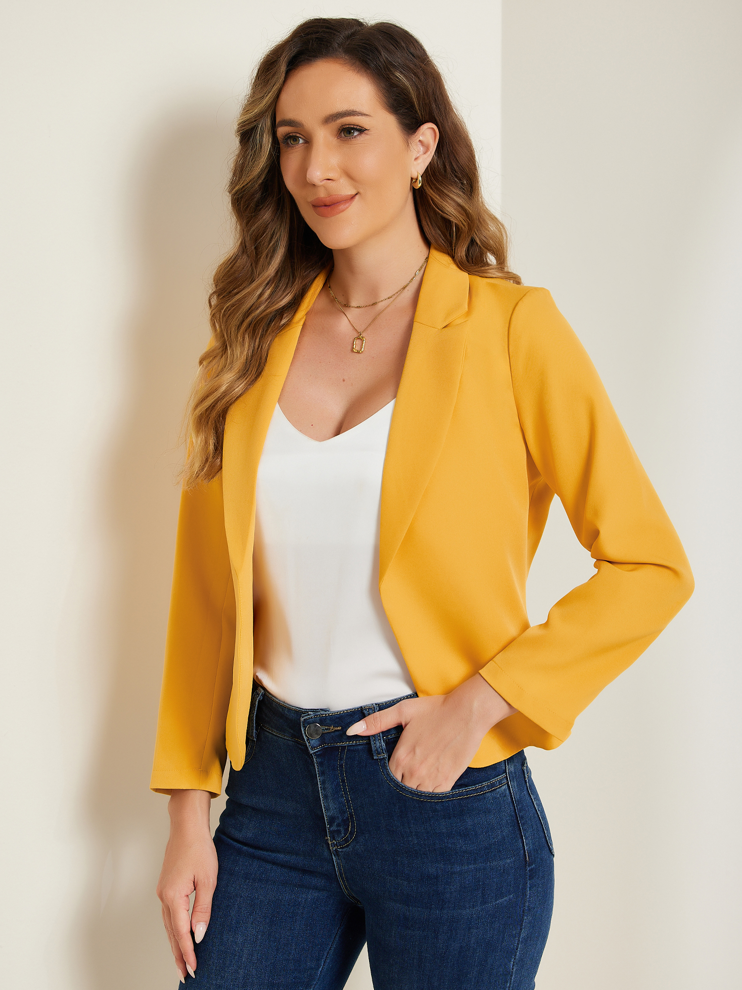 Notched Lapel Long Sleeves Solid Color Open Front Cropped Blazer Dark Yellow/XL - Allegra K catalog