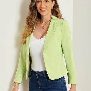 Notched Lapel Long Sleeves Solid Color Open Front Cropped Blazer Light Green/S - Allegra K catalog