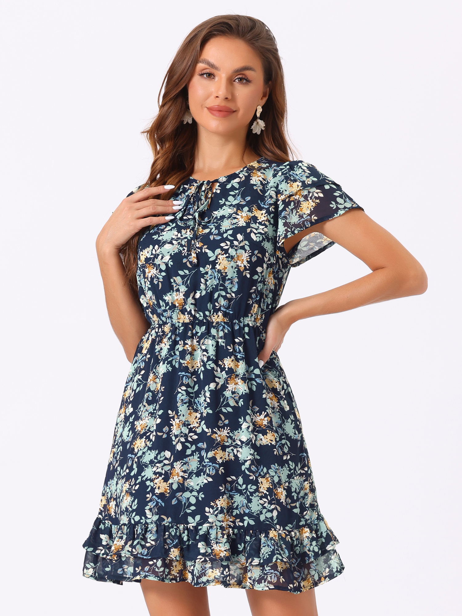Ruffle Sleeve V Neck Above Knee A-Line Floral Chiffon Dress Navy Blue/2XL - Allegra K catalog