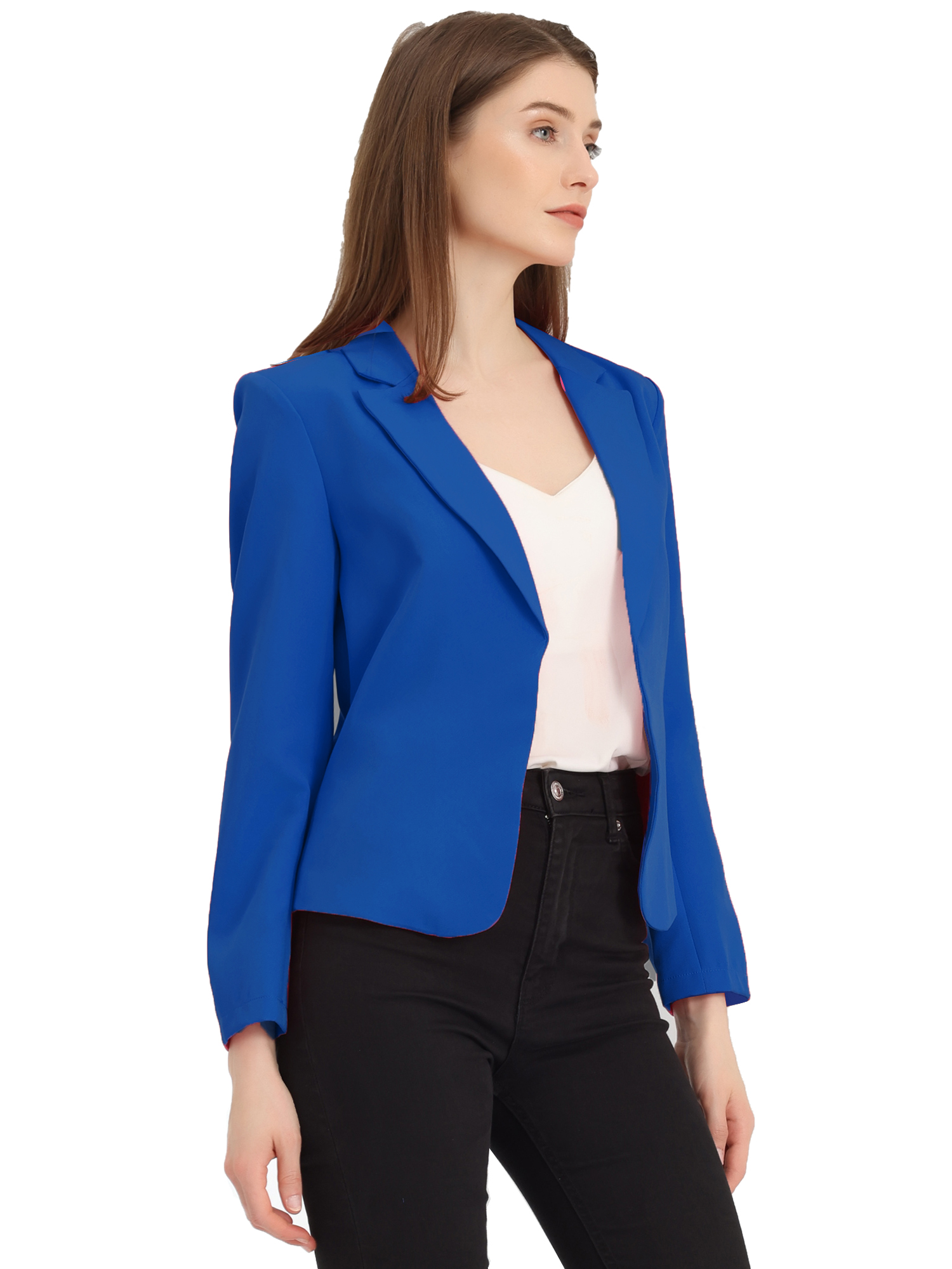 Notched Lapel Long Sleeves Solid Color Open Front Cropped Blazer Royal Blue/3XL - Allegra K catalog