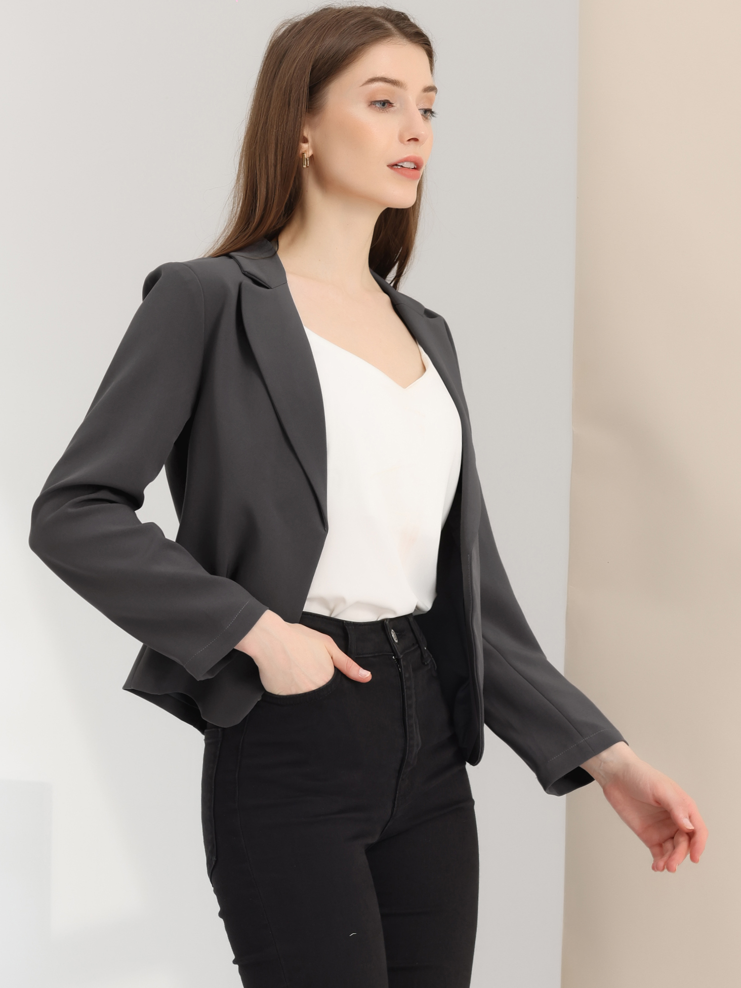 Notched Lapel Long Sleeves Solid Color Open Front Cropped Blazer Dark Grey/2XL - Allegra K catalog