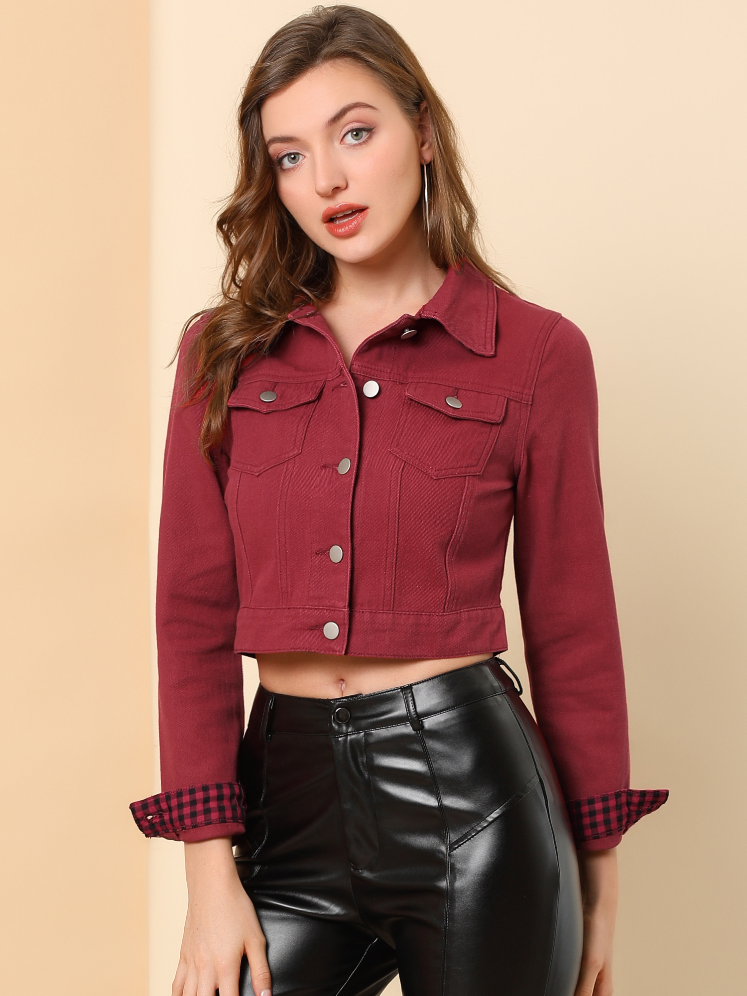 Button Down Long Sleeve Casual Cropped Denim Jacket Wine Red/3XL - Allegra K catalog
