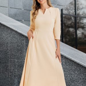 Notch Neck Pocketed 3/4 Sleeve Solid A-Line Work Dress Deep Apricot/XS - Allegra K catalog