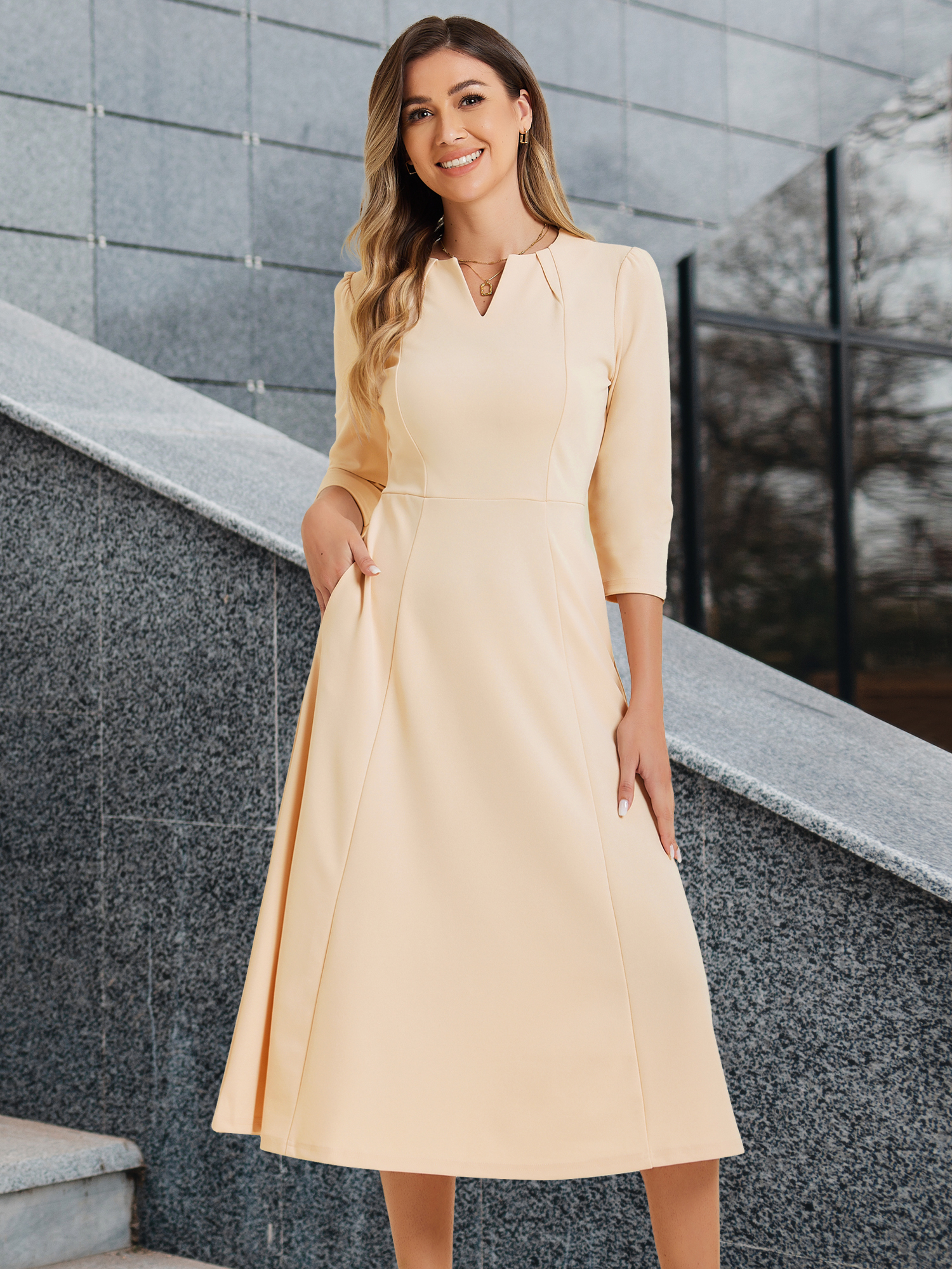 Notch Neck Pocketed 3/4 Sleeve Solid A-Line Work Dress Deep Apricot/M - Allegra K catalog