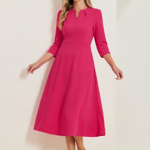 Notch Neck Pocketed 3/4 Sleeve Solid A-Line Work Dress Hot Pink/L - Allegra K catalog