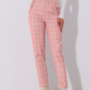 Vintage Tartan Plaid Pants Elastic Waist Straight Long Trousers Pink/S - Allegra K catalog