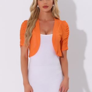Short Sleeve Open Front Cropped Mesh Sheer Bolero Shrug Orange/M - Allegra K catalog