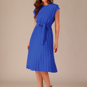 Crew Neck Sleeveless Tie Waist A-Line Pleated Dress Royal Blue/M - Allegra K catalog