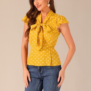 Summer Polka Dots Top Bow Tie V Neck Ruffled Cap Sleeve Office Blouse Yellow/L - Allegra K catalog