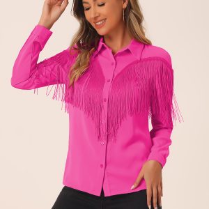 Glitter Fringe Long Sleeve Button Down Disco Party Cowgirl Blouse Pink/S - Allegra K catalog