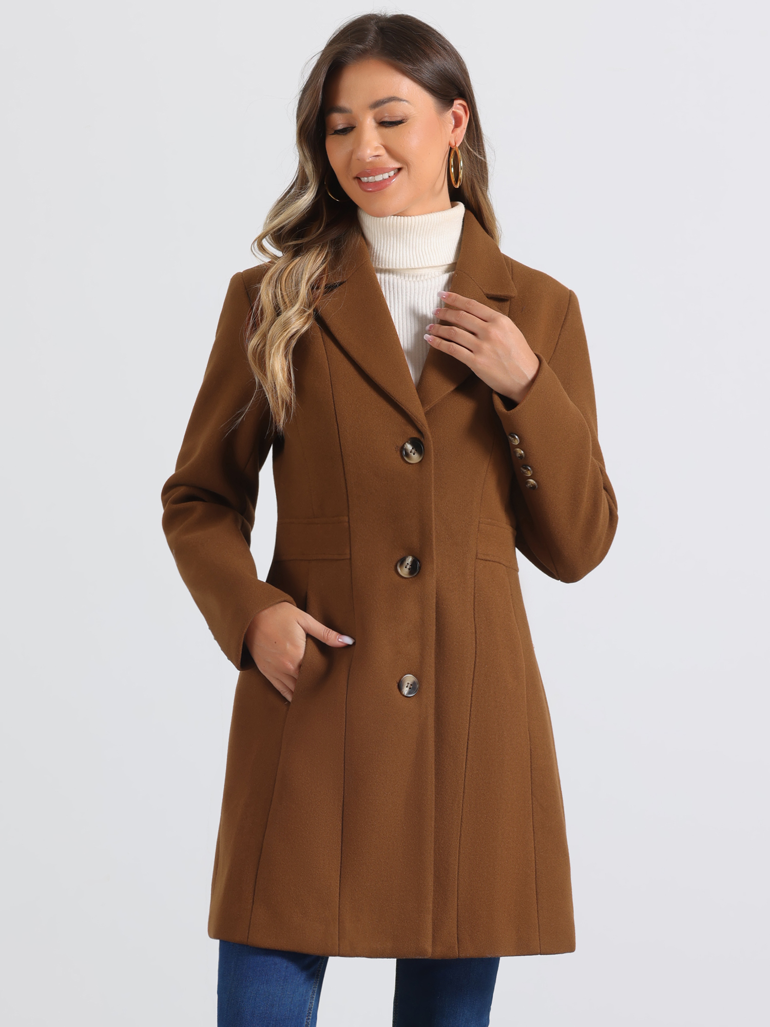Single Breasted Notched Lapel Outerwear Winter Coats Dark Brwon/L - Allegra K catalog