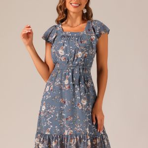 Floral Chiffon Flutter Sleeve Belted Square Neck Ruffled Hem Dress Dusty Blue/S - Allegra K catalog