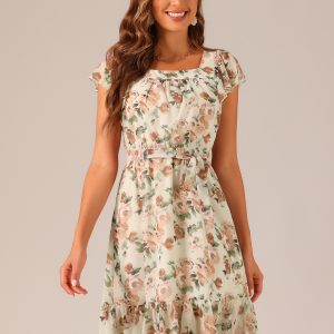 Floral Chiffon Flutter Sleeve Belted Square Neck Ruffled Hem Dress Beige/M - Allegra K catalog