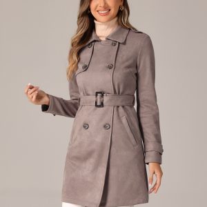 Notched Lapel Double Breasted Faux Suede Trench Coat Jacket with Belt Dark Beige/XL - Allegra K catalog