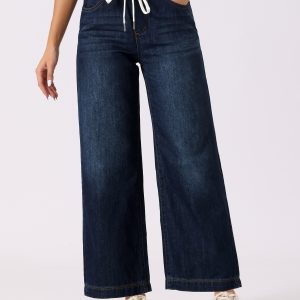 Casual Denim Pants Drawstring Elastic Waist Wide Legs Jeans Dark Blue/S - Allegra K catalog