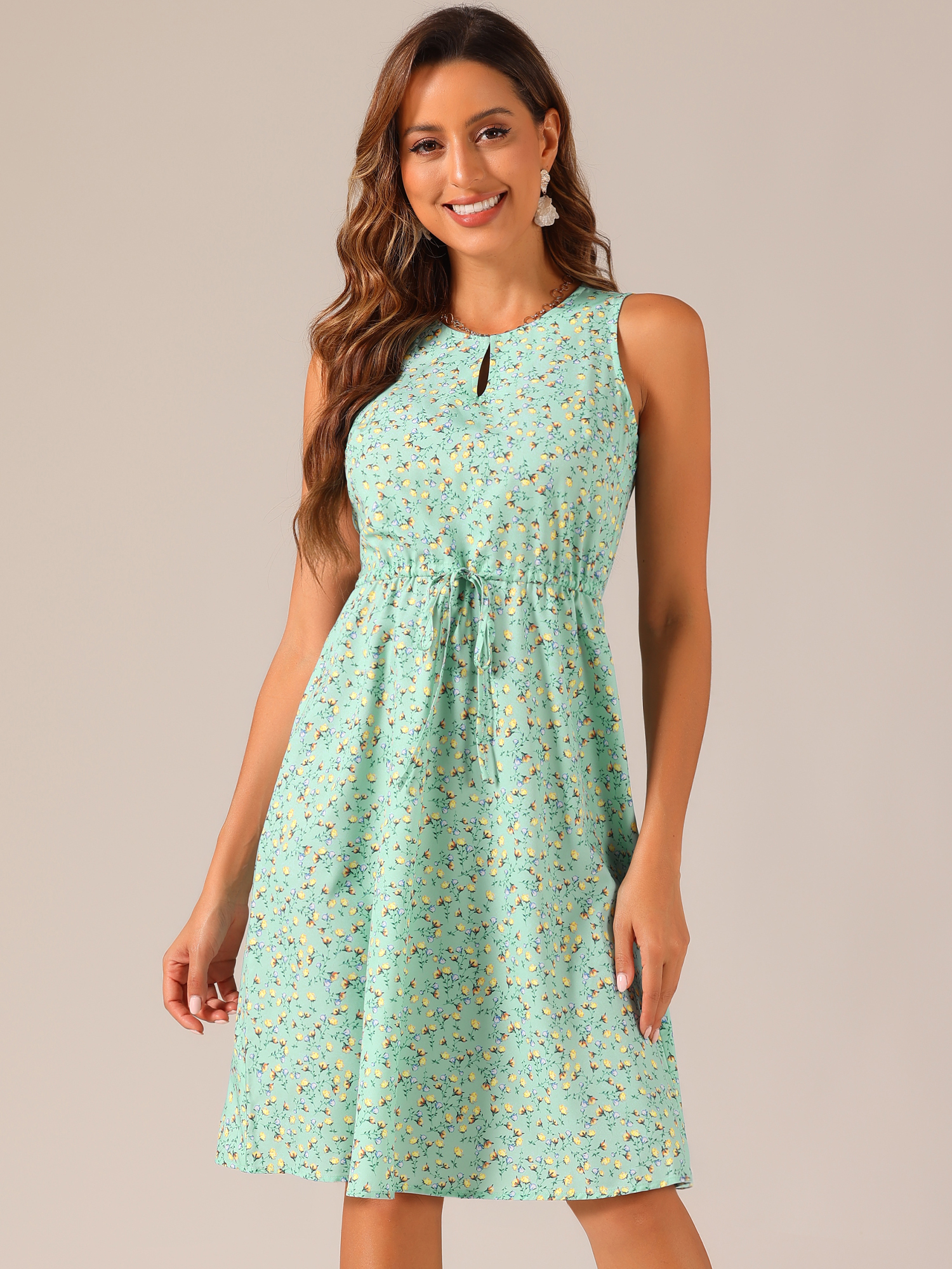 Floral Drawstring Waist Sleeveless A-Line Midi Dress Sundress Light Green/XS - Allegra K catalog
