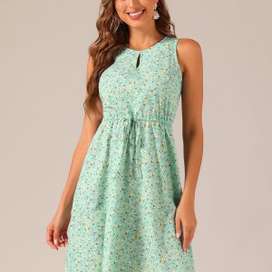Floral Drawstring Waist Sleeveless A-Line Midi Dress Sundress Light Green/L - Allegra K catalog