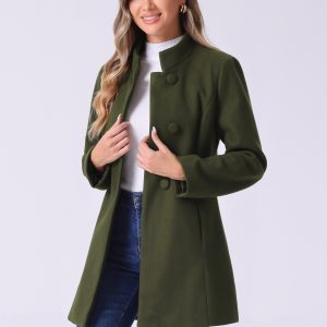 Mid-thigh Stand Collar Single Breasted Long Coat Army Green/XL - Allegra K catalog